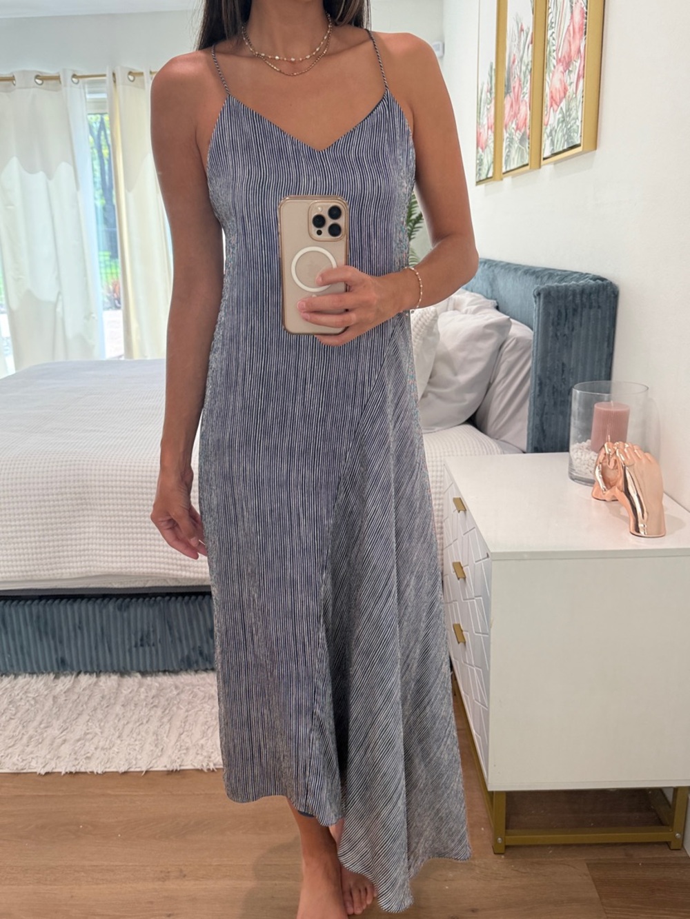 Theory Silk Navy Stripe Slip Midi Dress